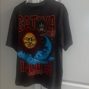 Graphic Moon & Sun Tee in Black with Blue and Yellow Print